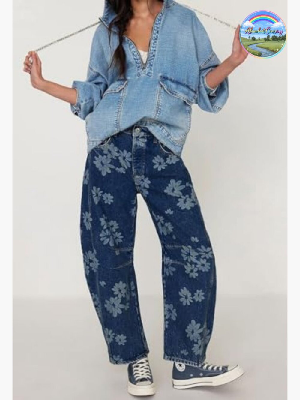 Y2k Distressed Barrel Jeans Baggy Wide Leg Floral Printed Boyfriend Patchwork - Picture 3 of 6